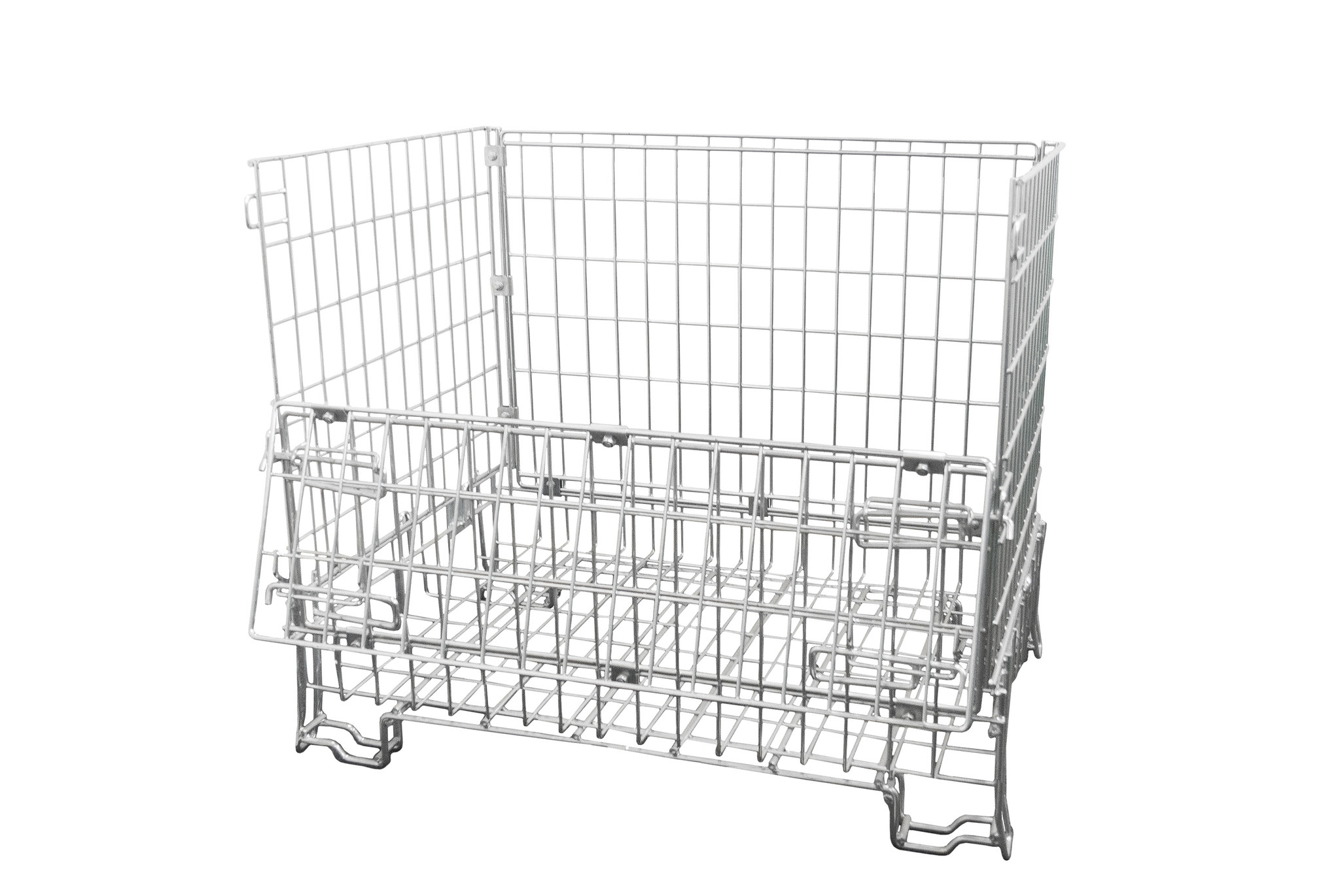 Contenedor de malla galvanizado 1200x800x1000 mm 2 Vista lateral del contenedor de malla metálico 1200x800 mm con paredes de alambre